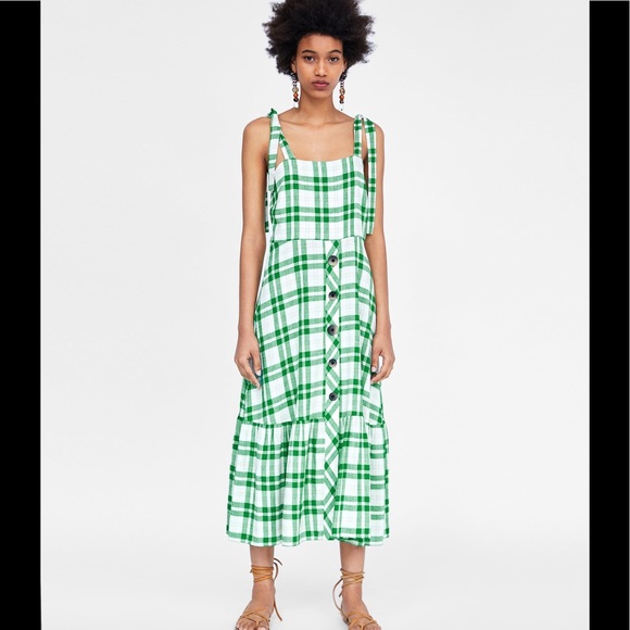 Zara Dresses & Skirts - ZARA Green Checkered Tie Straps with Buttons Dress